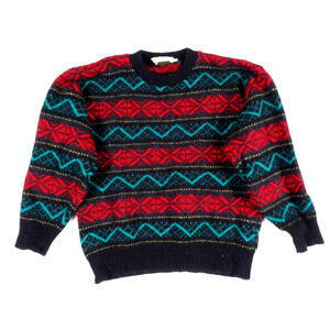 Vintage 80s Shetland Wool Sweater Womens Small Nordic Geometric Knit Pullover